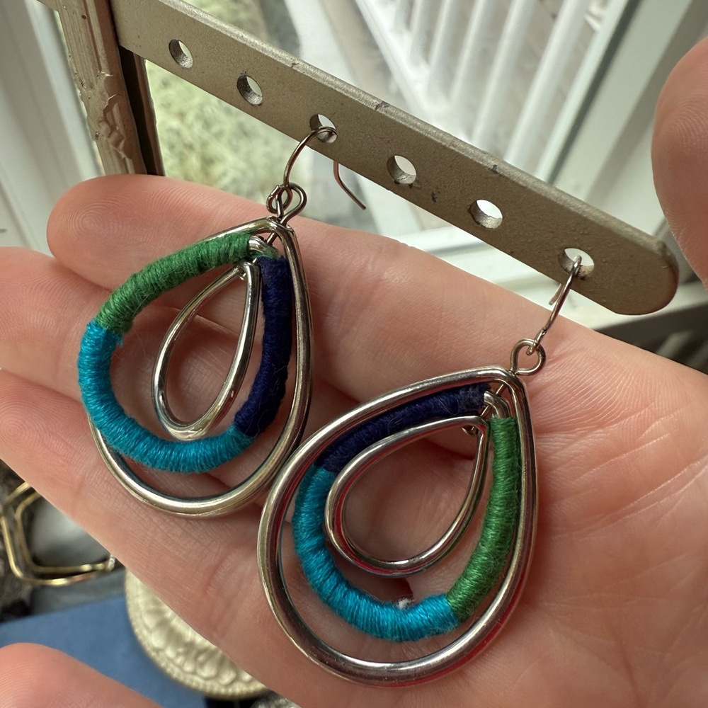Vintage Silver Teardrop Earrings with Wrapped Blue and Green Accents